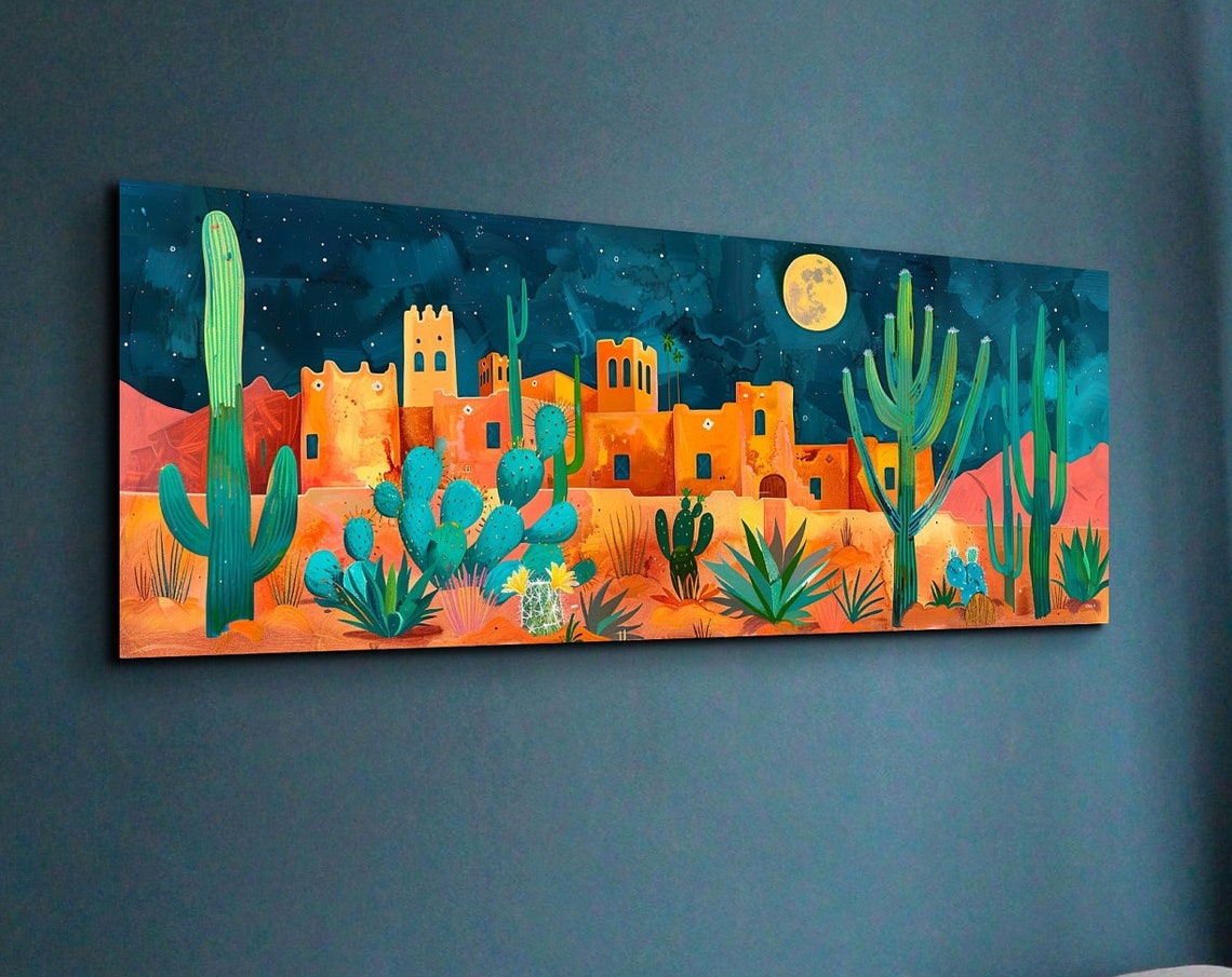 Moonlit Adobe Desert Town Full Moon Saguaro Cactus Night Poster