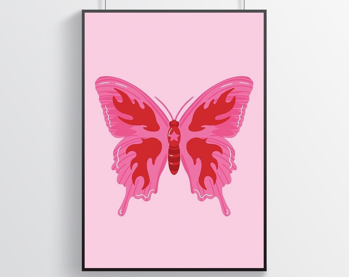 Pink Butterfly Flame Patterned Wings Blush Insect Art Poster