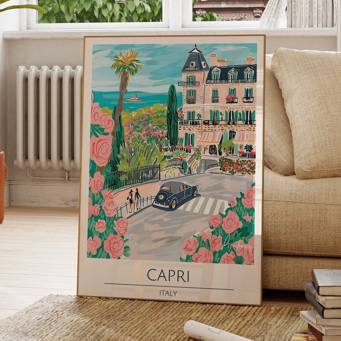 Capri Italy Vintage Car Grand Hotel Pink Roses Coastal Poster