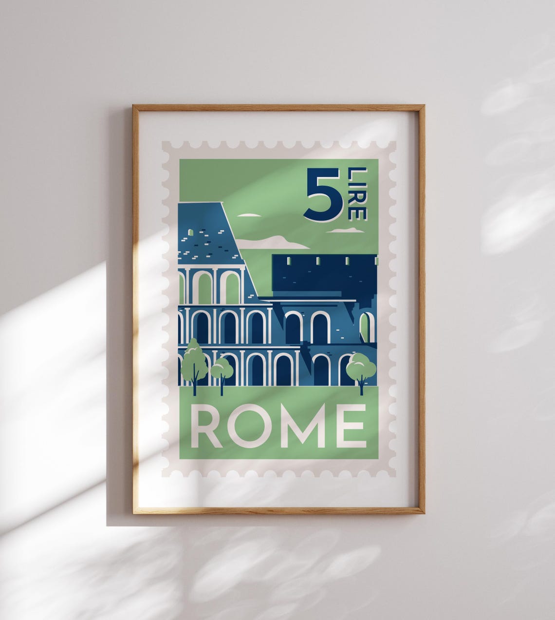 Rome Colosseum Vintage Italian Five Lire Postage Stamp Art Poster