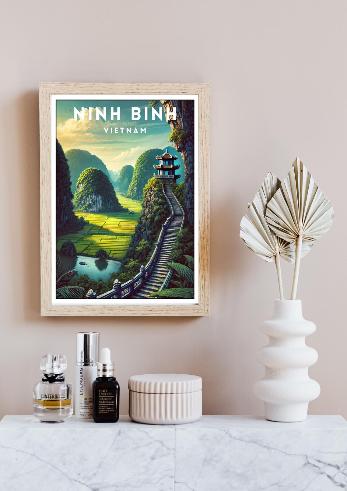 Ninh Binh Vietnam Karst Peaks Rice Paddies Pagoda Vintage Poster - Image 4