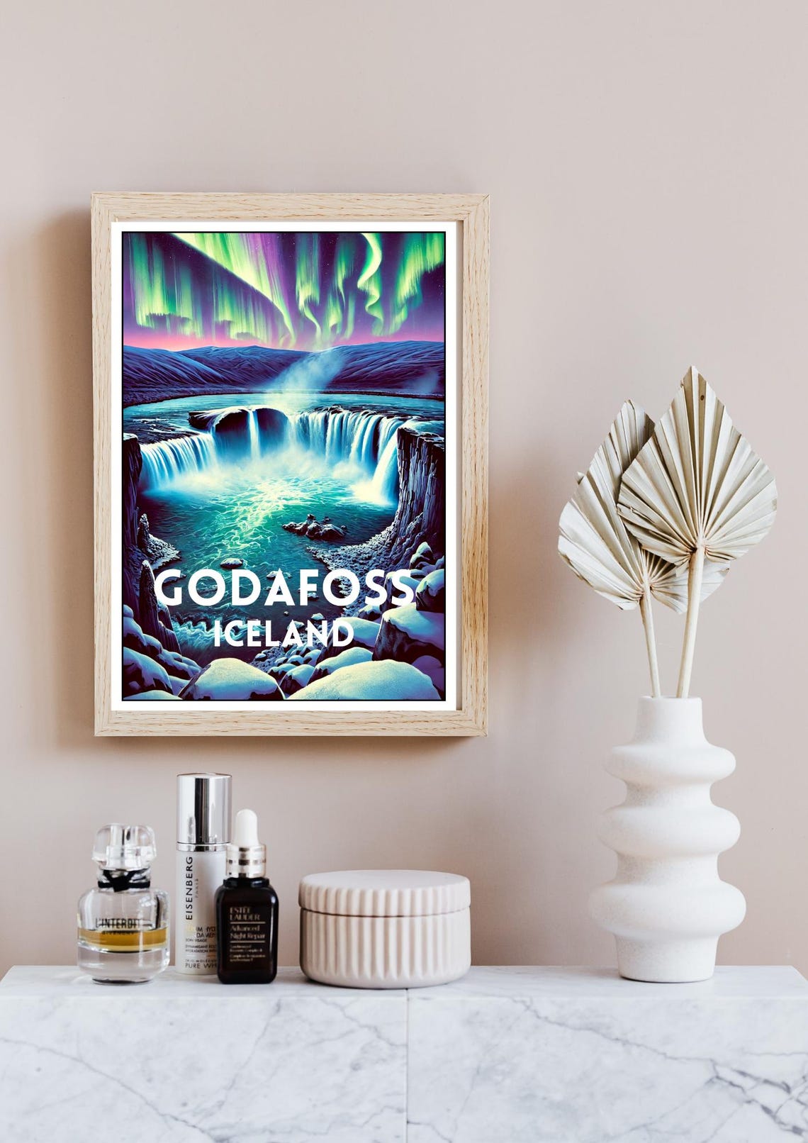 Godafoss Iceland Northern Lights Aurora Night Waterfall Travel Poster - Image 4