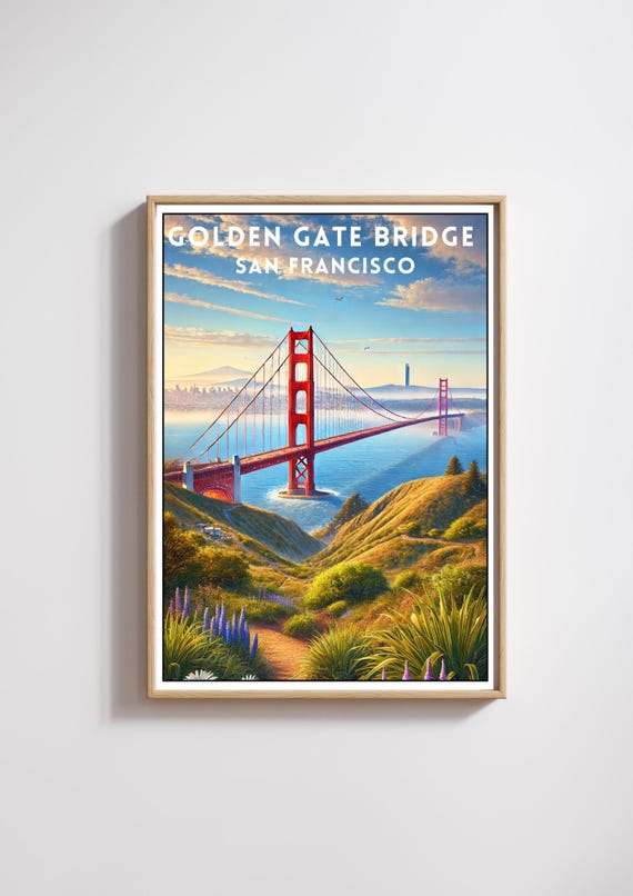 Golden Gate Bridge Poster San Francisco Travel Art Print Iconic California Wall Decor Golden Gate Landscape San Francisco Bay Artwork Gift