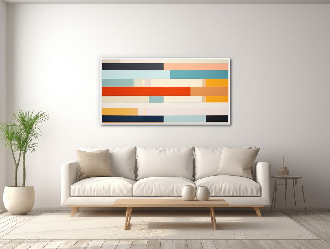 Panoramic Horizontal Line Stripes Cream Teal Orange Modern Print - Image 3