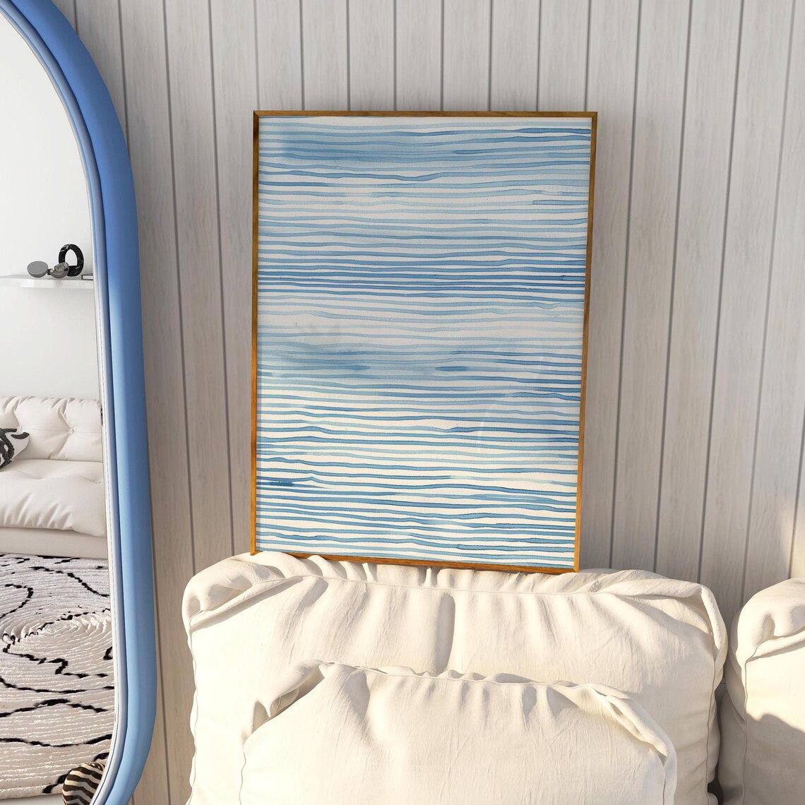 Minimalist Blue Watercolor Horizontal Lines Abstract Coastal Art Poster