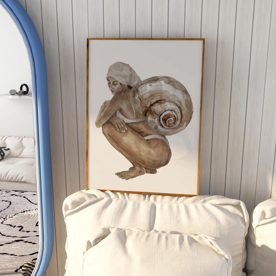 Woman With Snail Shell Beachy Watercolor Surreal Art Decor Poster
