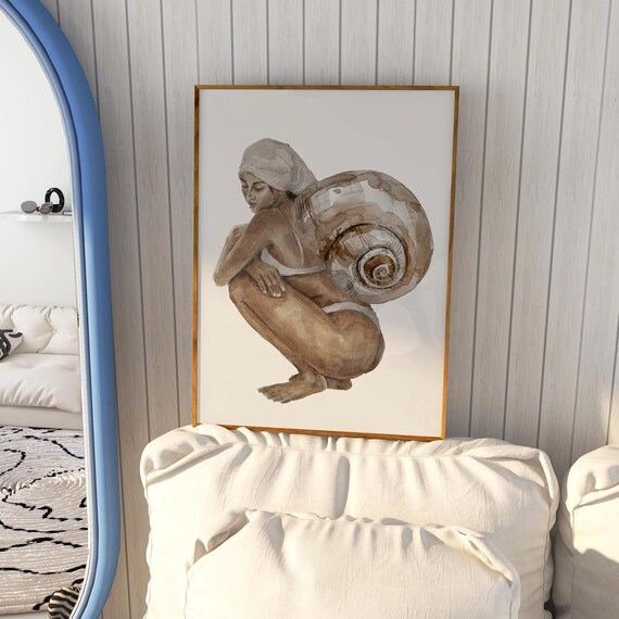 Woman With Snail Shell Beachy Watercolor Surreal Art Decor Poster