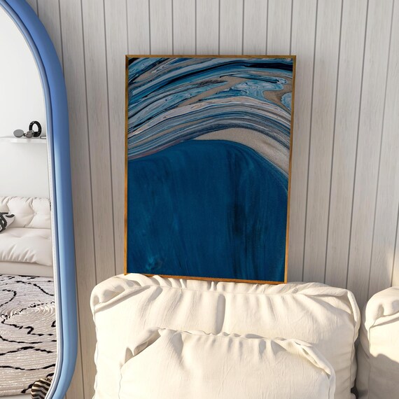 Abstract Blue Ocean Waves Marbled Fluid Art Coastal Decor Poster