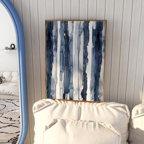 Dark Blue Vertical Brushstrokes Abstract Watercolor Art Poster