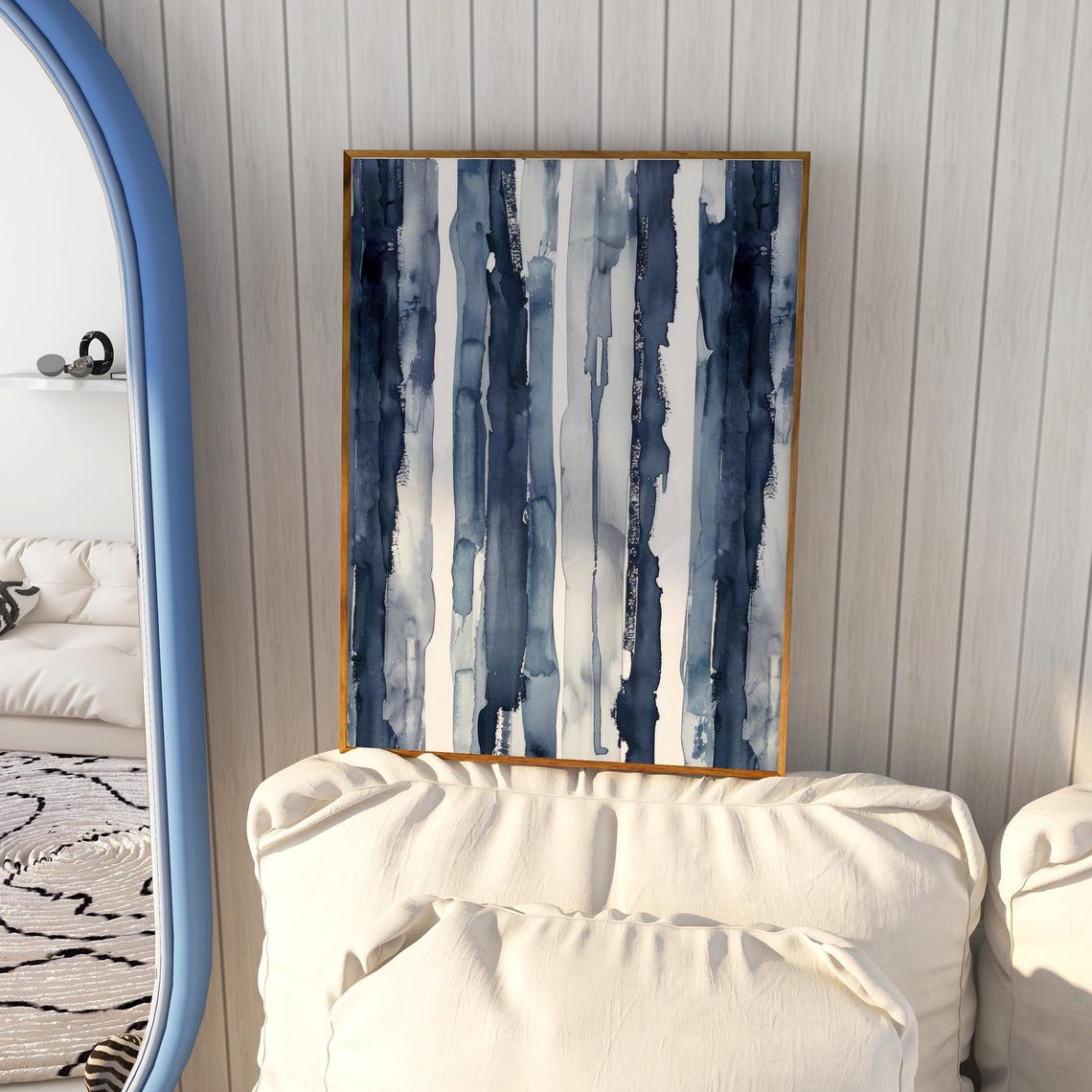Dark Blue Vertical Brushstrokes Abstract Watercolor Art Poster