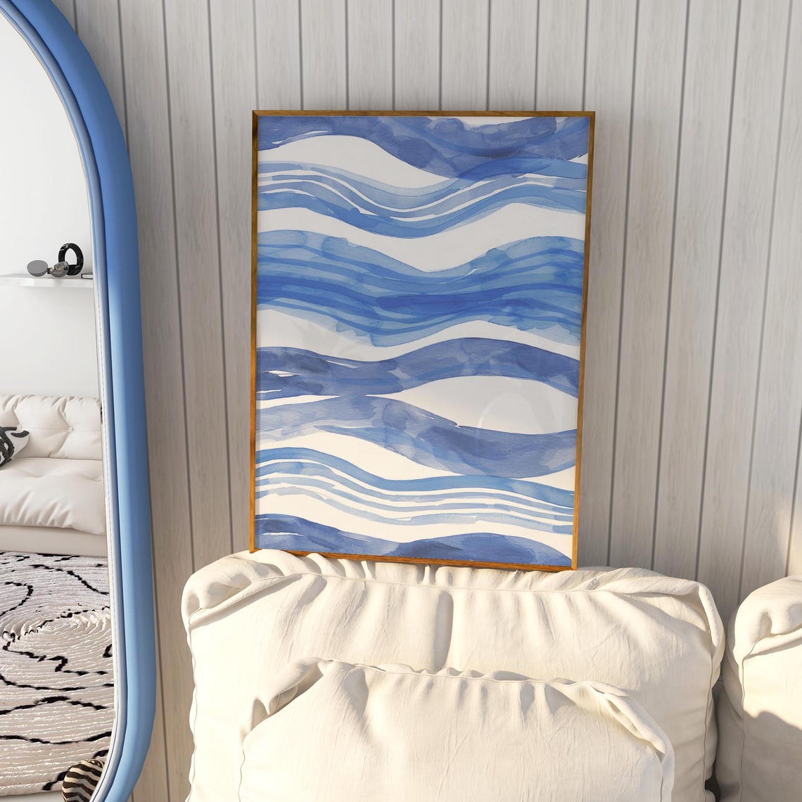 Blue Watercolor Wave Bands Abstract Ocean Lines Minimalist Art Poster