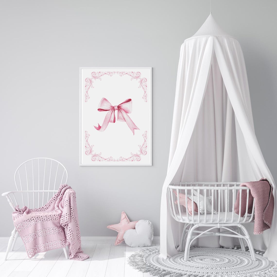 Pink Watercolor Ribbon Bow With Baroque Corner Flourish Art Poster - Image 4