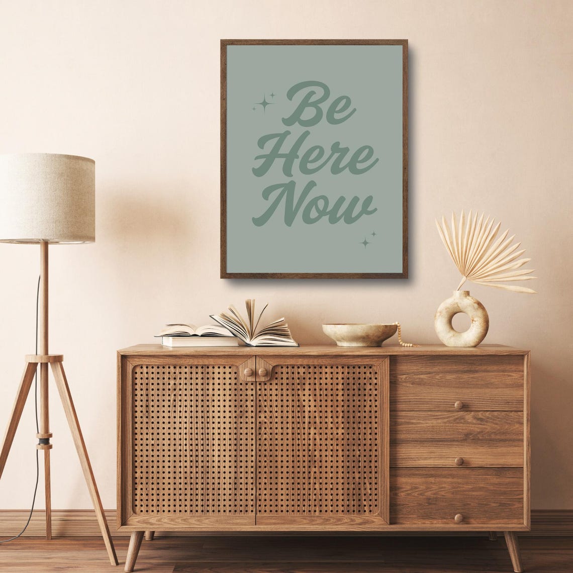 Be Here Now Mindfulness Quote Script Lettering Sage Green Poster - Image 4