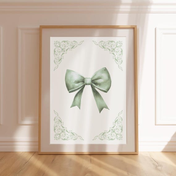 Green Coquette Bow Print Sage Green Nursery Poster Vintage Girly Teen Wall Art Preppy Aesthetic Cute College Dorm Room Decor Bow