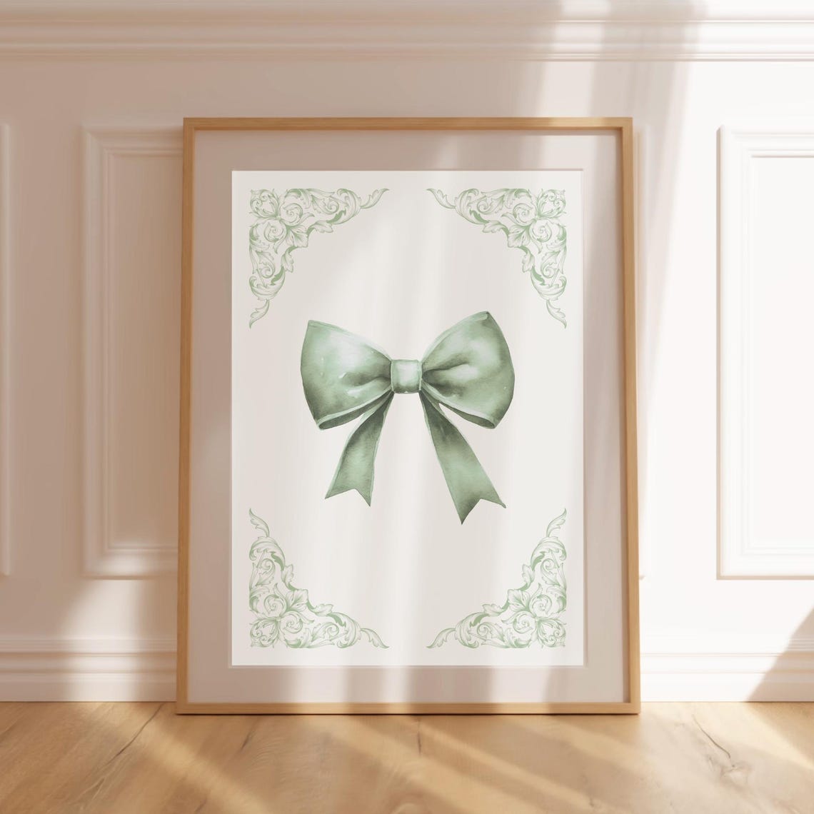 Sage Green Watercolor Ribbon Bow With Baroque Corner Flourish Poster