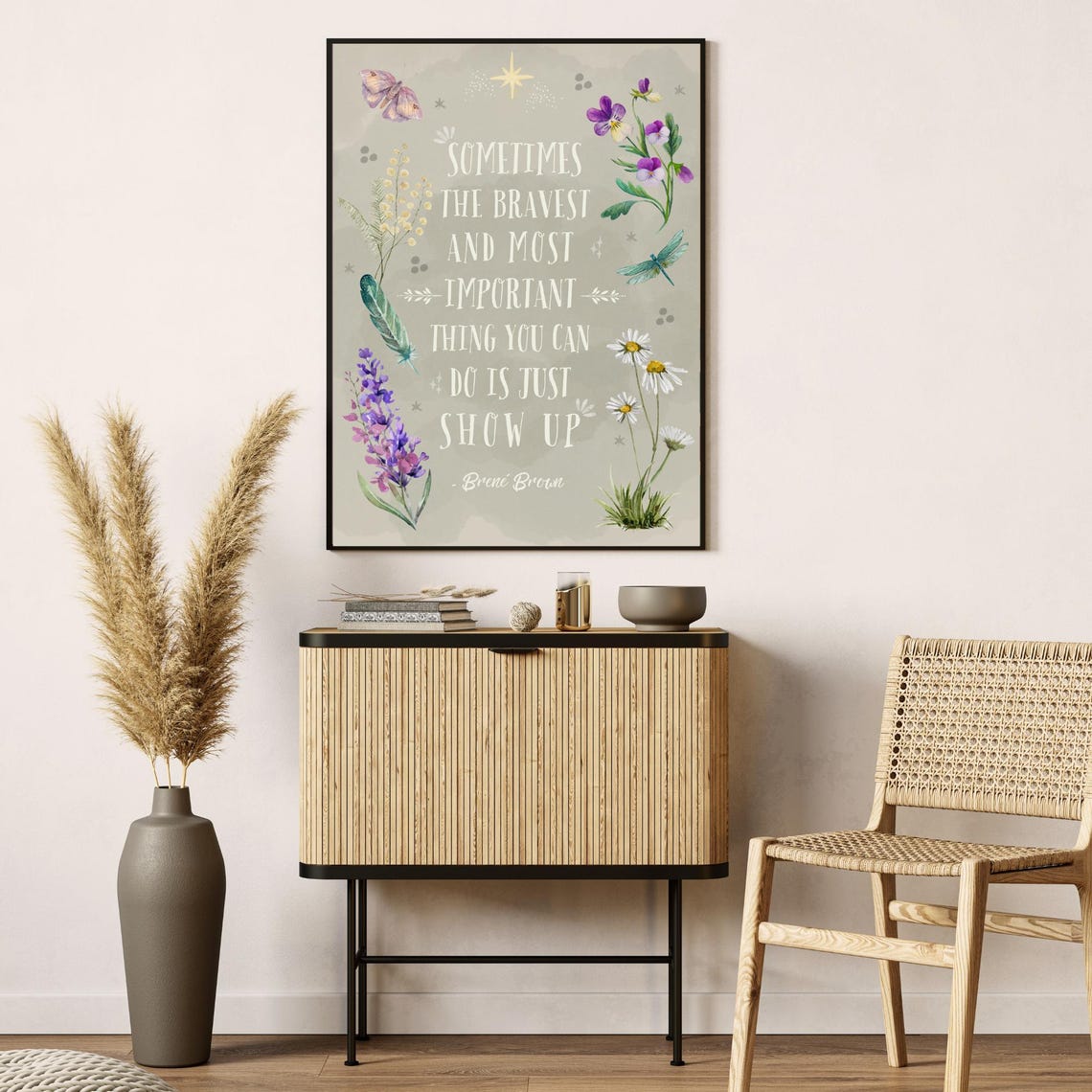 Brene Brown Show Up Courage Quote Boho Floral Watercolor Poster - Image 2