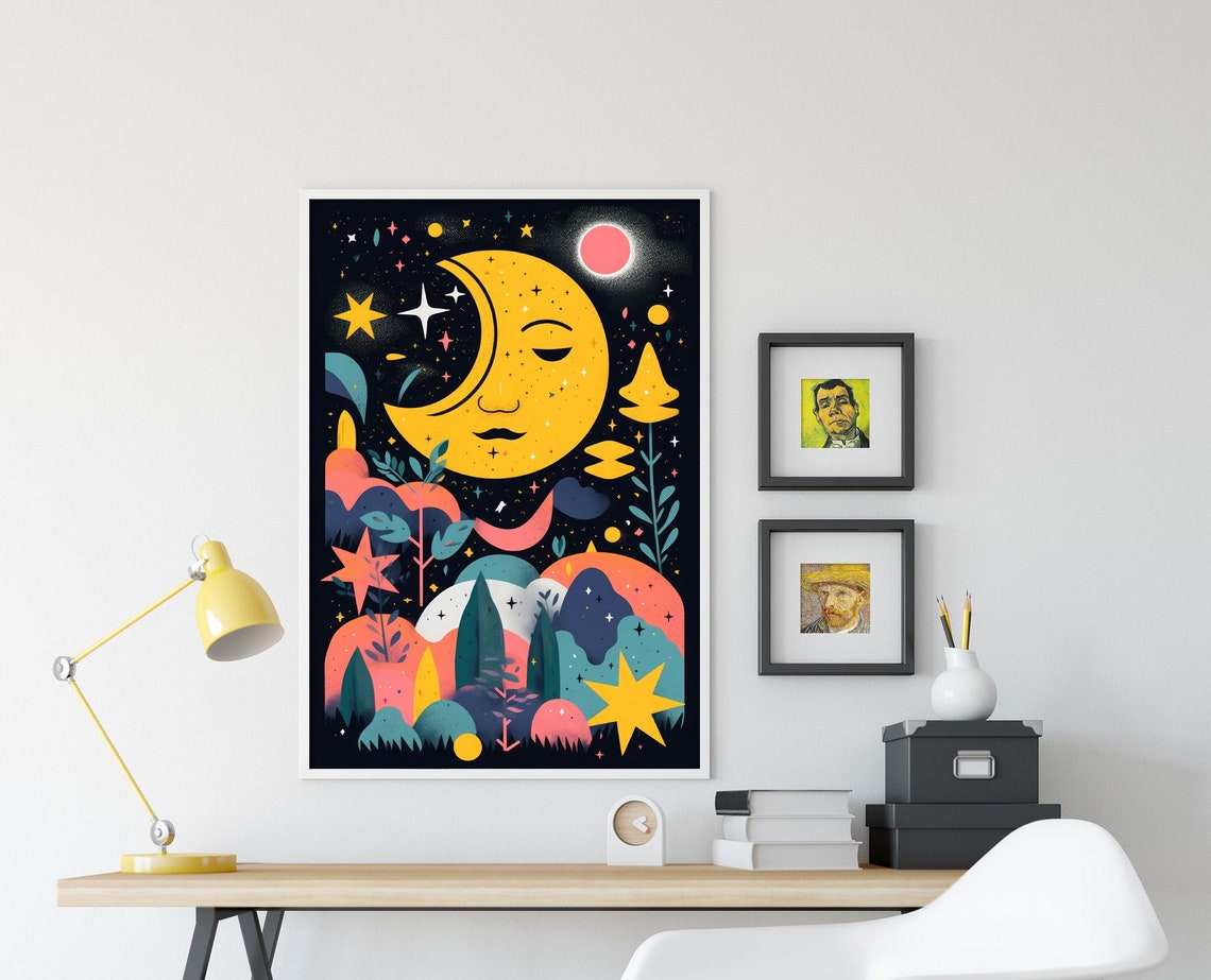Smiling Golden Moon Starry Night Whimsical Celestial Nursery Print - Image 4