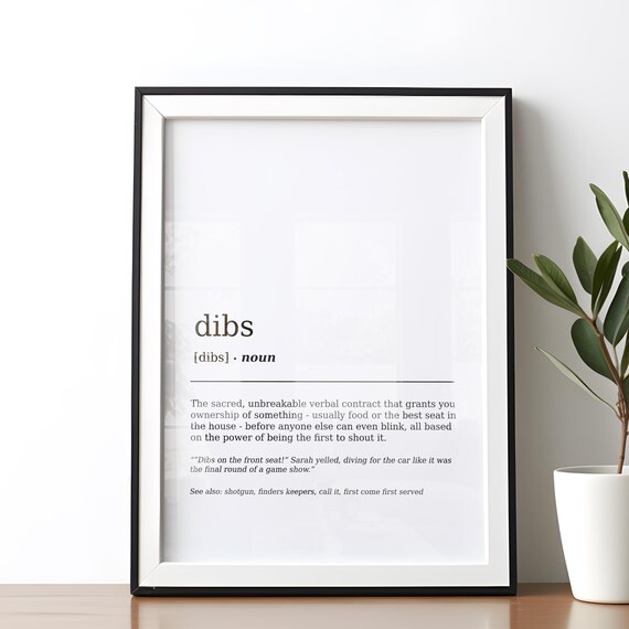 Funny Dibs Definition Print Dictionary Poster Minimalist Wall Art Humor Decor
