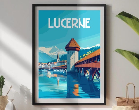 Lucerne Travel Poster, Chapel Bridge Wall Art Print