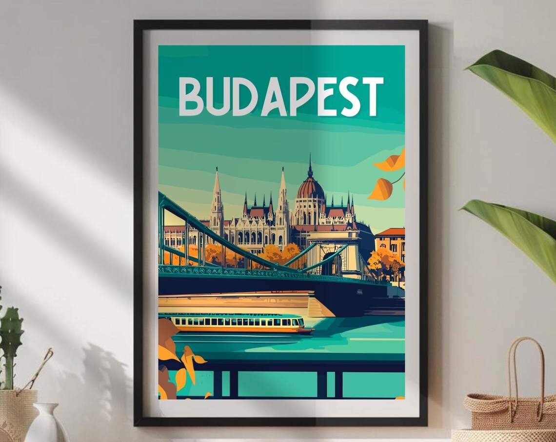 Budapest Hungary Travel Poster Parliament Bridge Skyline Art