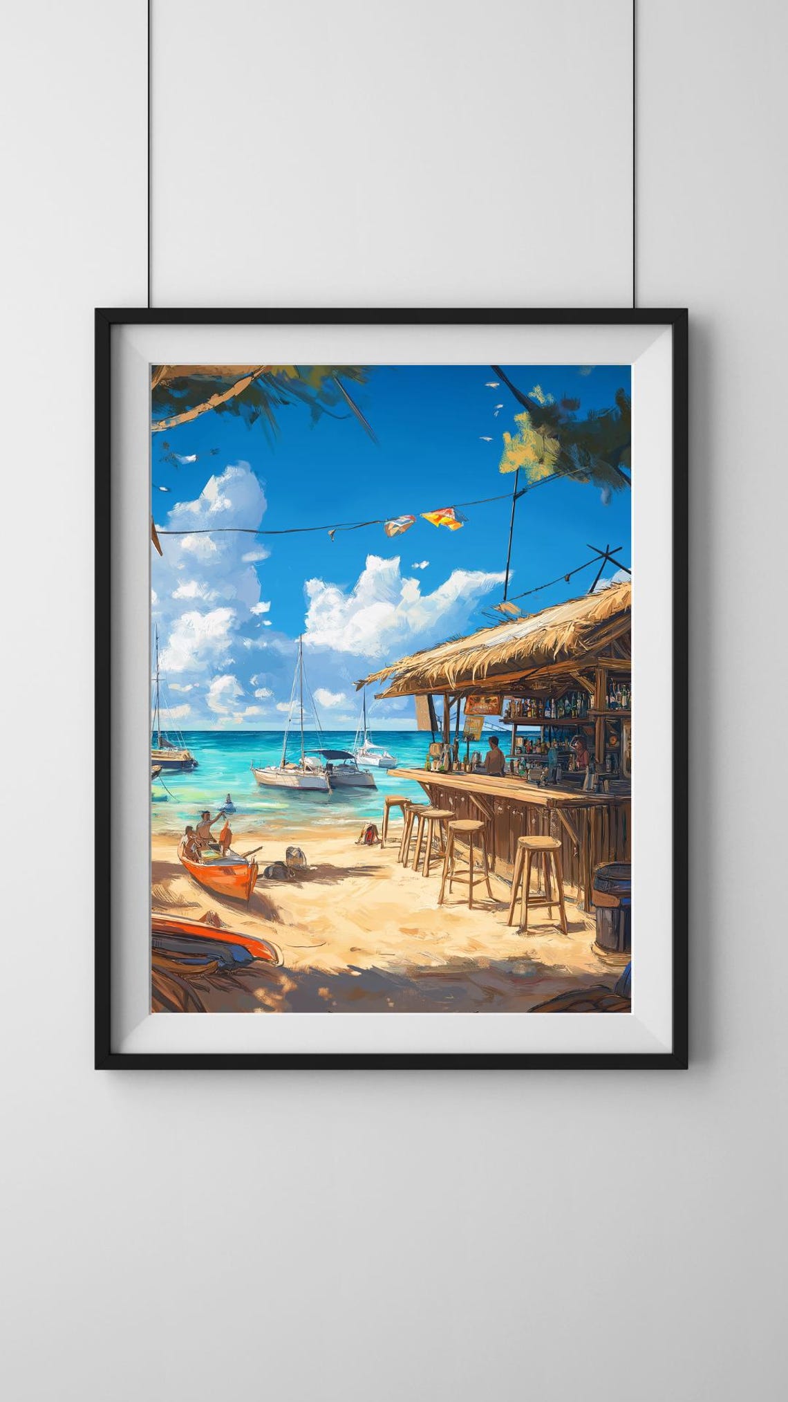 Tropical Beach Bar with Sailboats on Turquoise Waters Poster