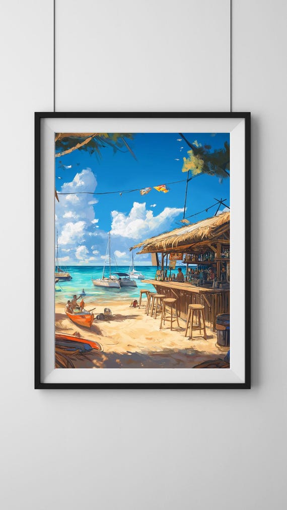 Tropical Beach Bar Print Rustic Beach Hut Ocean Art Coastal Wall Decor Seaside Poster Nautical Wall Art Boat Poster Beach Print