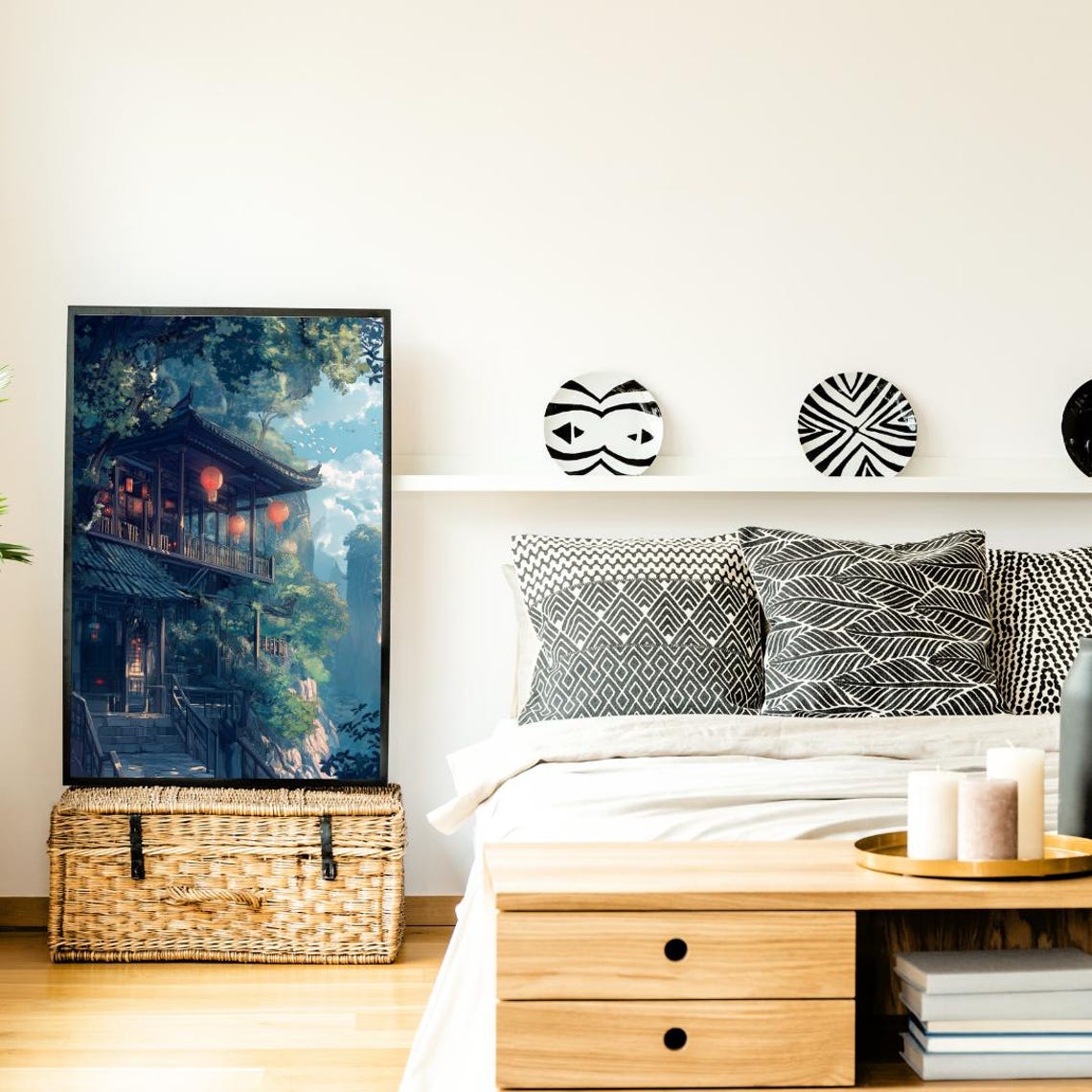 Anime Japanese Teahouse with Red Lanterns on Cliff Forest Poster - Image 3
