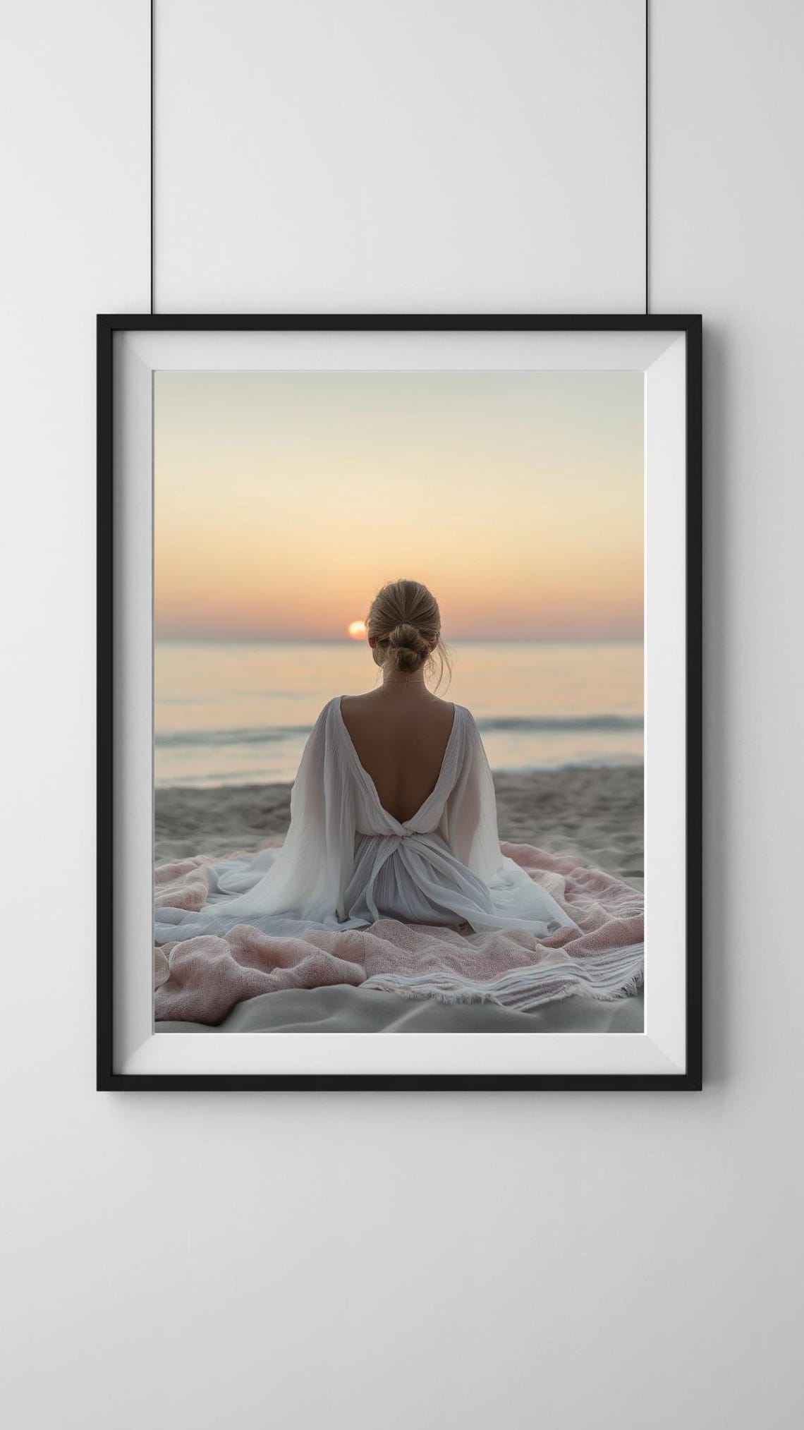 Serene Woman At Beach Sunset Facing Golden Ocean Waves Poster