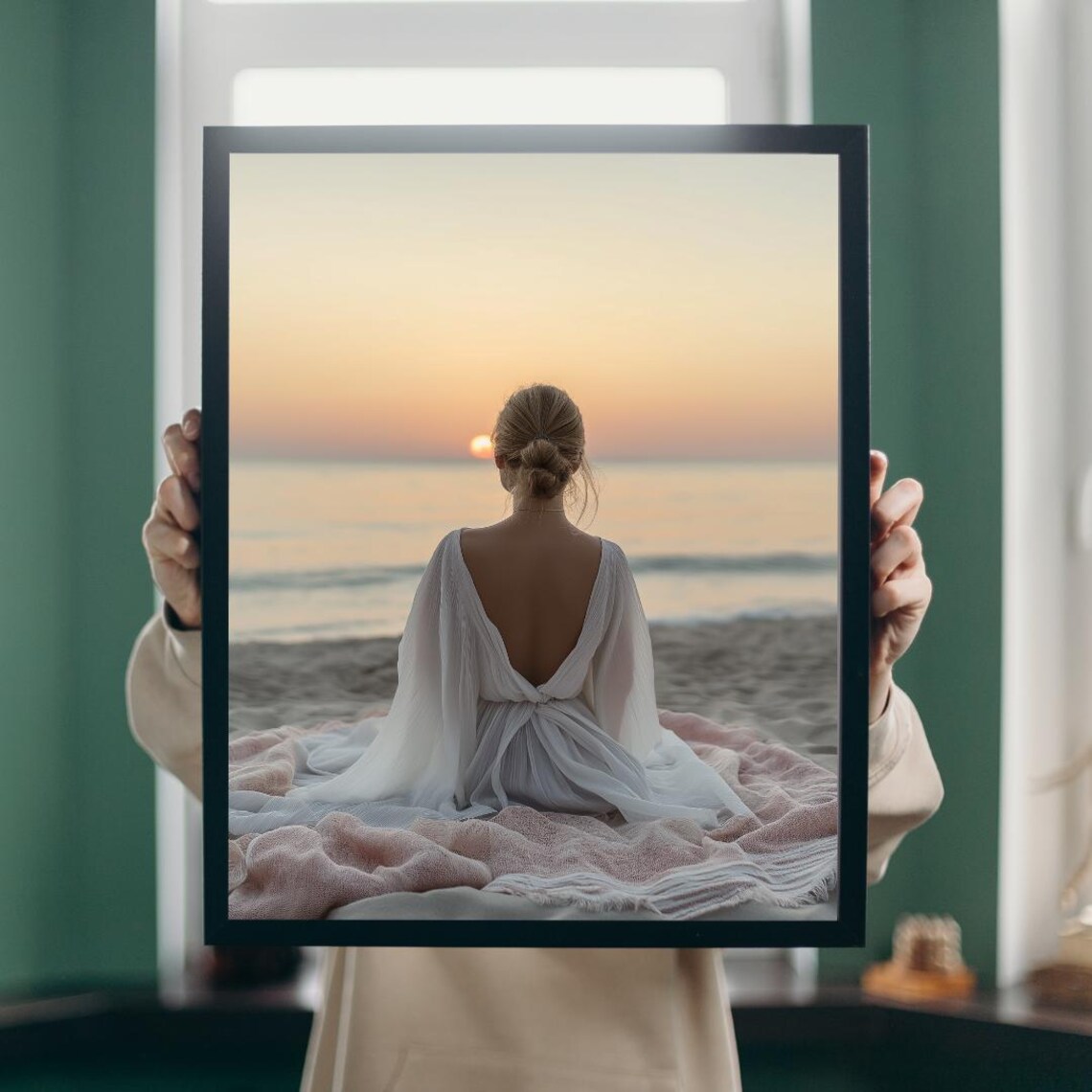 Serene Woman At Beach Sunset Facing Golden Ocean Waves Poster - Image 5
