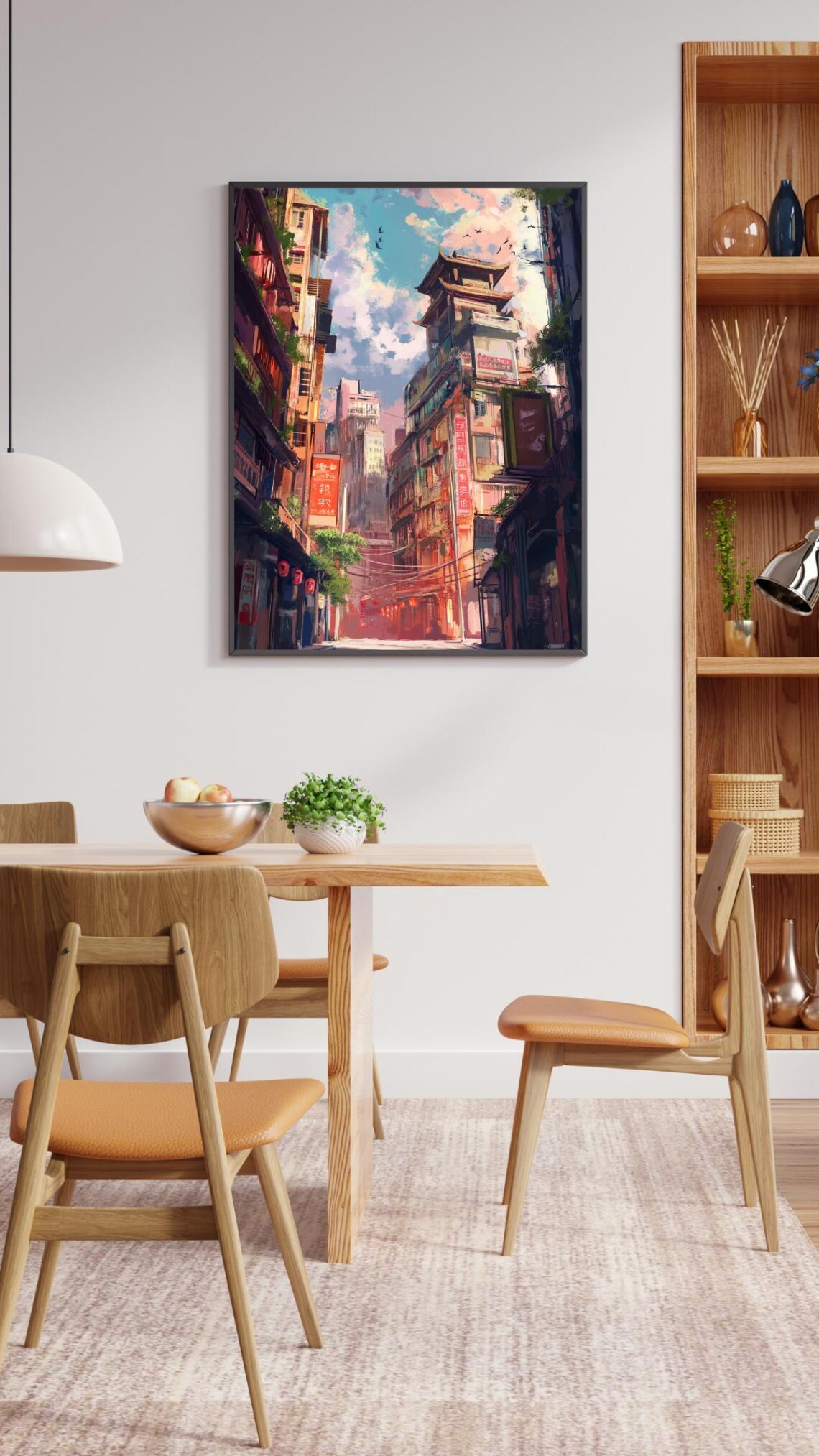 Pagoda Tower Above Bustling Asian City Street Illustration Poster - Image 2
