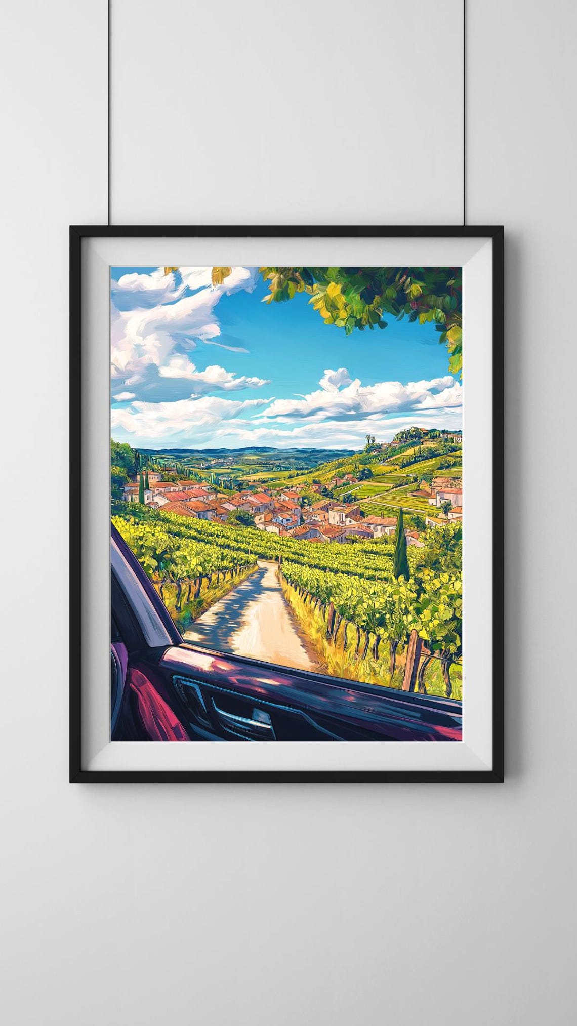 Car Window View Of Vineyard Path Toward Village Under Clouds Poster