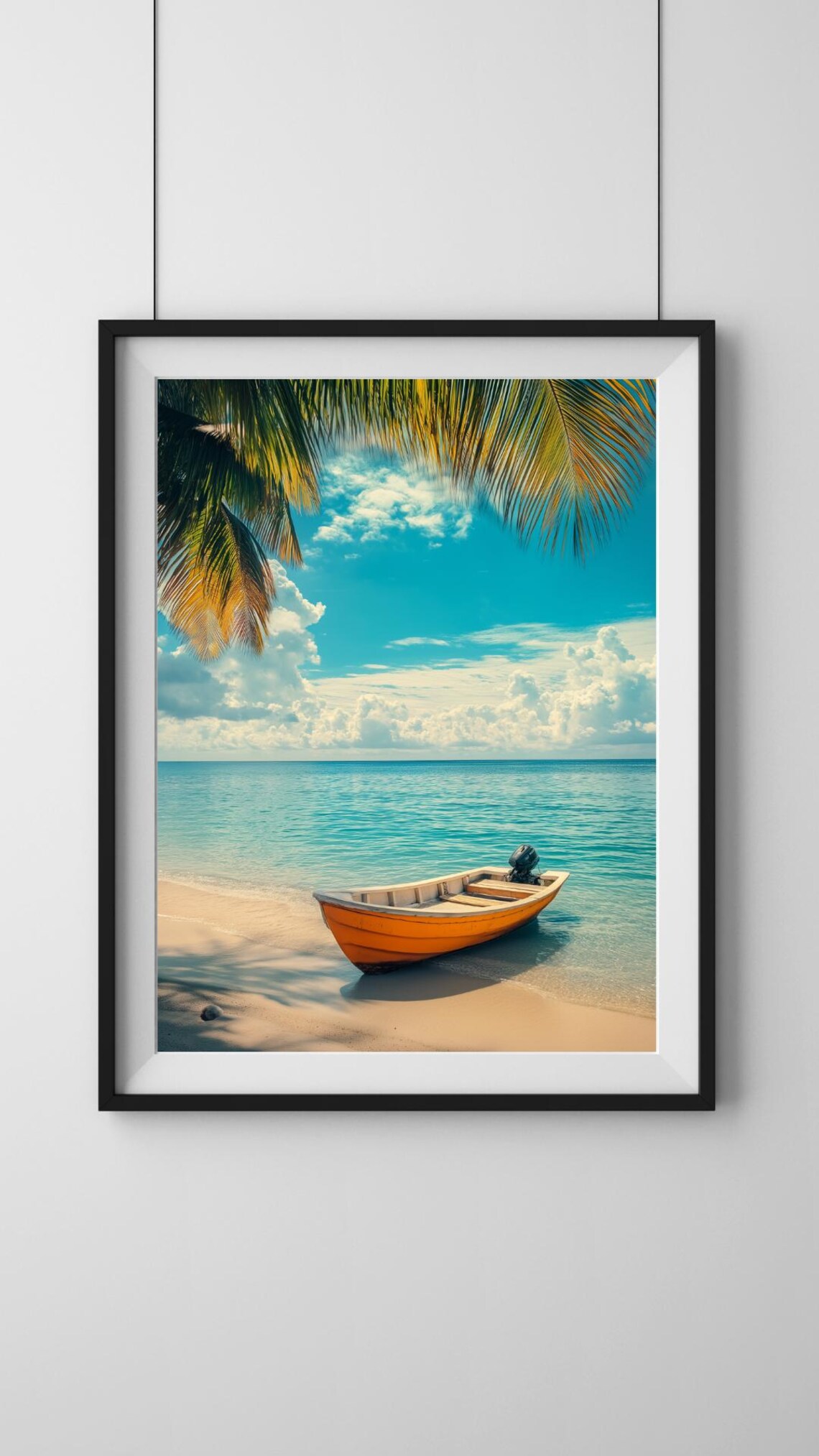 Orange Fishing Boat On Tropical Beach Under Palm Fronds Poster