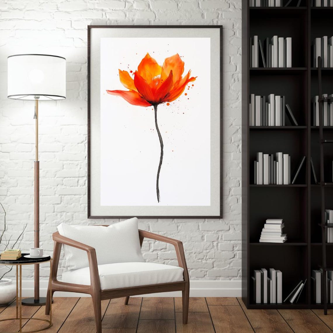 Single Orange Poppy Bloom Watercolor Splash Minimalist Poster - Image 4