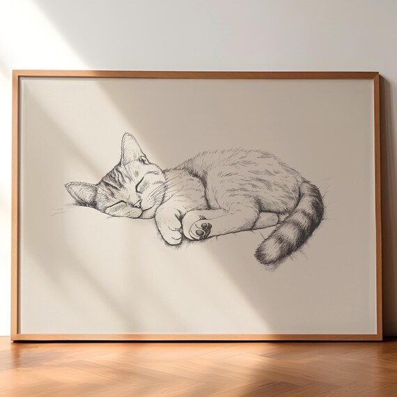 Sleeping Tabby Cat On Side Soft Ink Sketch Calm Cat Artwork Poster