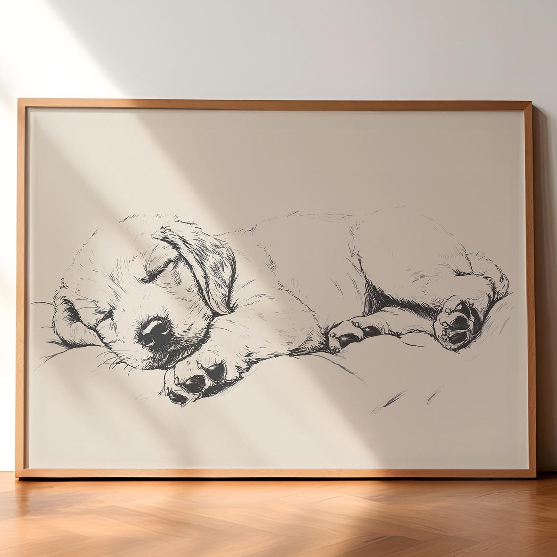 Golden Retriever Puppy Drawing Dog Print Sleeping Dog Wall Art Antique Vintage Painting Country Wall Art Dog Sketch Dog Illustration