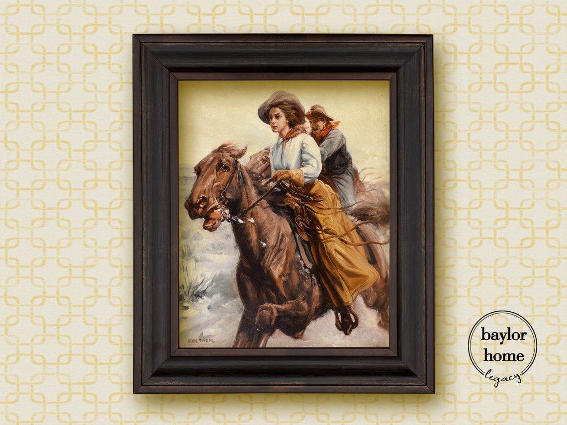 Framed Portrait Of A Cowgirl On Horseback Framed Vintage Cowgirl Oil Painting Print On Western Country Framed Art Print