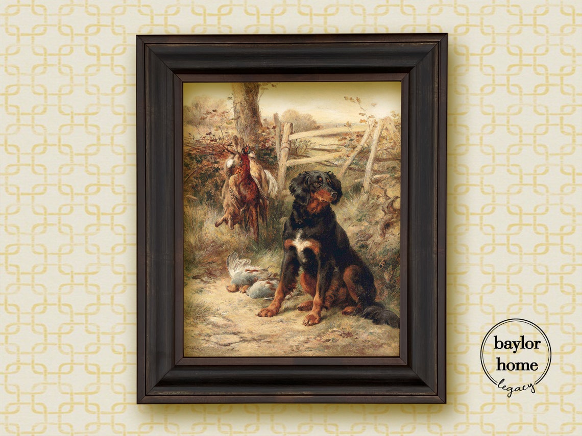 Framed Gordan Setter With Days Catch Hunting Dog Oil Painting Print Vintage Country Farmhouse Bird Dog Wall Art For Cabin