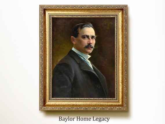 Antique Gentleman In Black Suit Mustache Portrait Oil Painting Poster