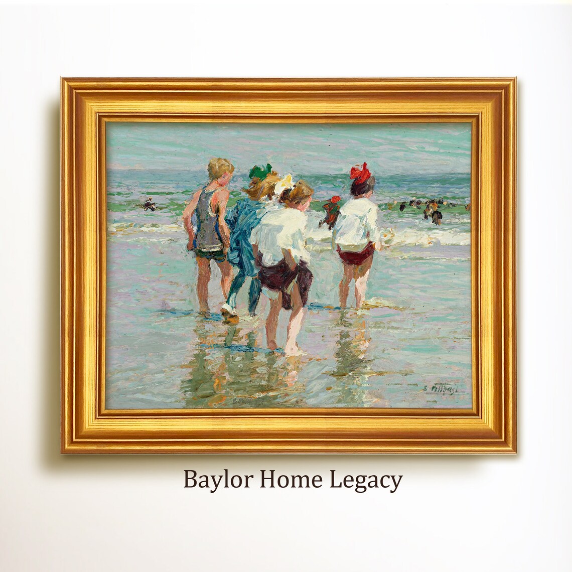 Children Wading in the Ocean, Vintage Oil Painting Art Print