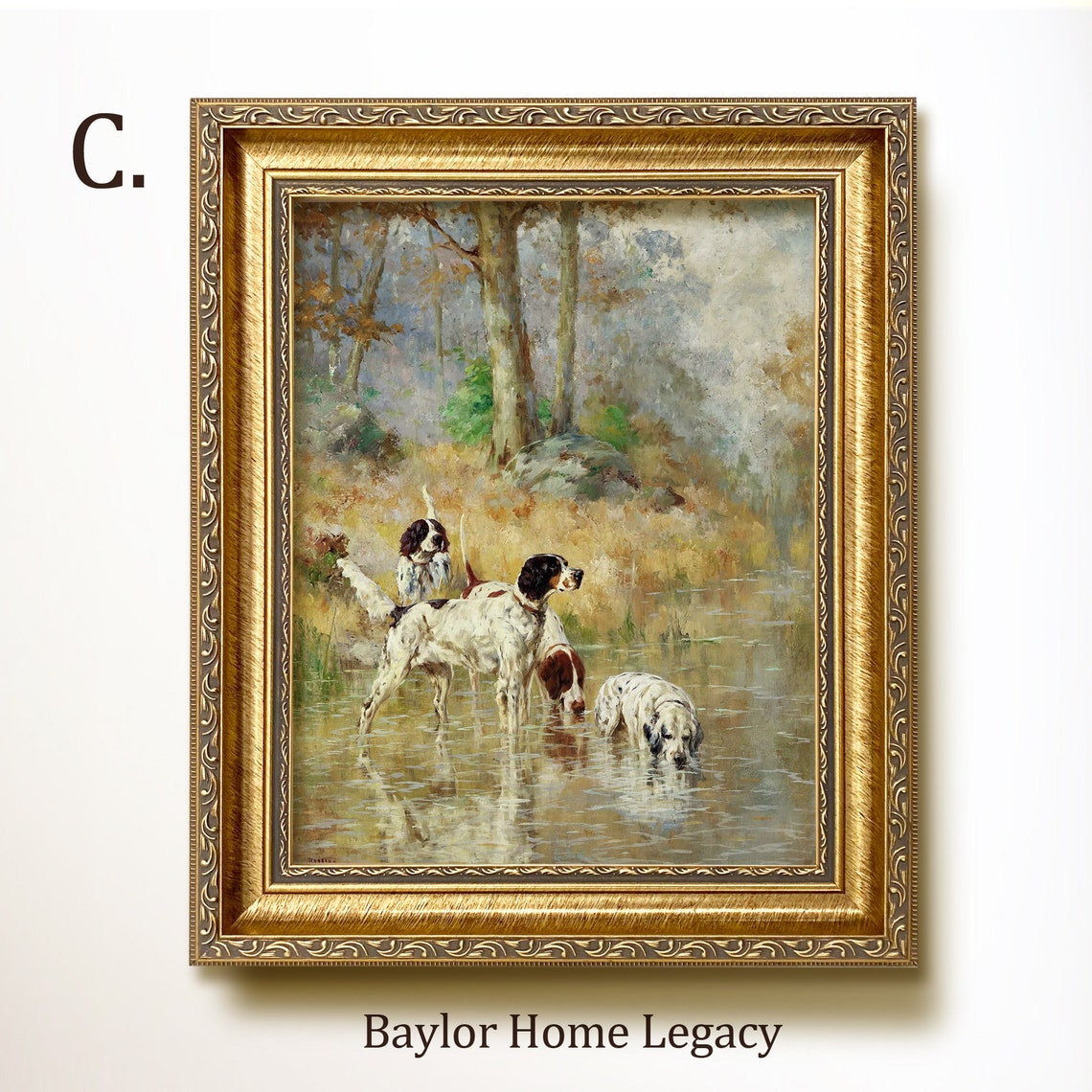 Three Setters Wading Stream Drinking Vintage Bird Dog Painting Print - Image 4