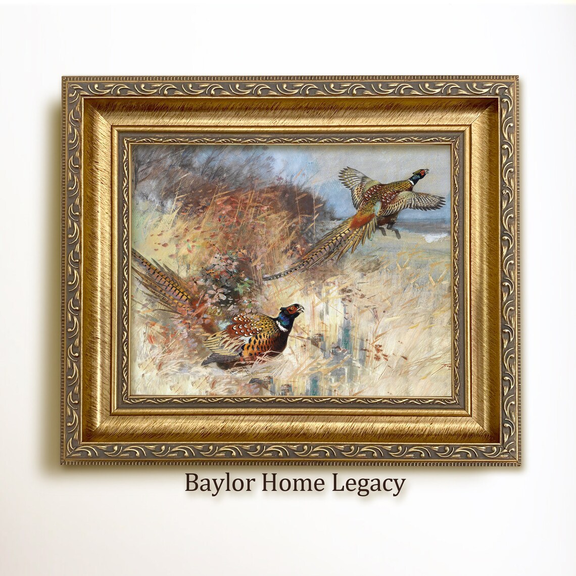 Flying Pheasants Watercolor Print, Rustic Bird Art