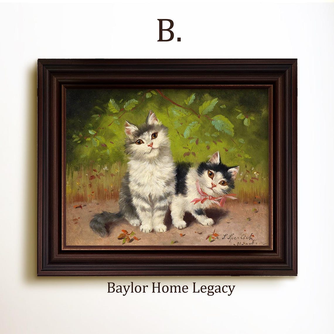 Two Kittens One With Pink Ribbon Vintage Cat Painting Cute Wall Art - Image 4