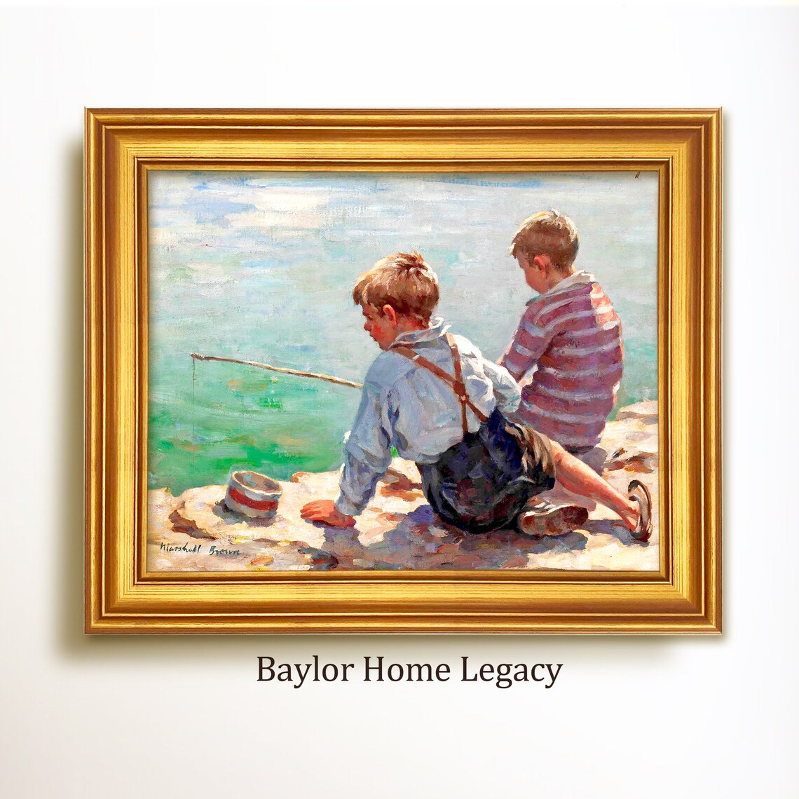 Boys Fishing Oil Painting Art Print, Antique Children