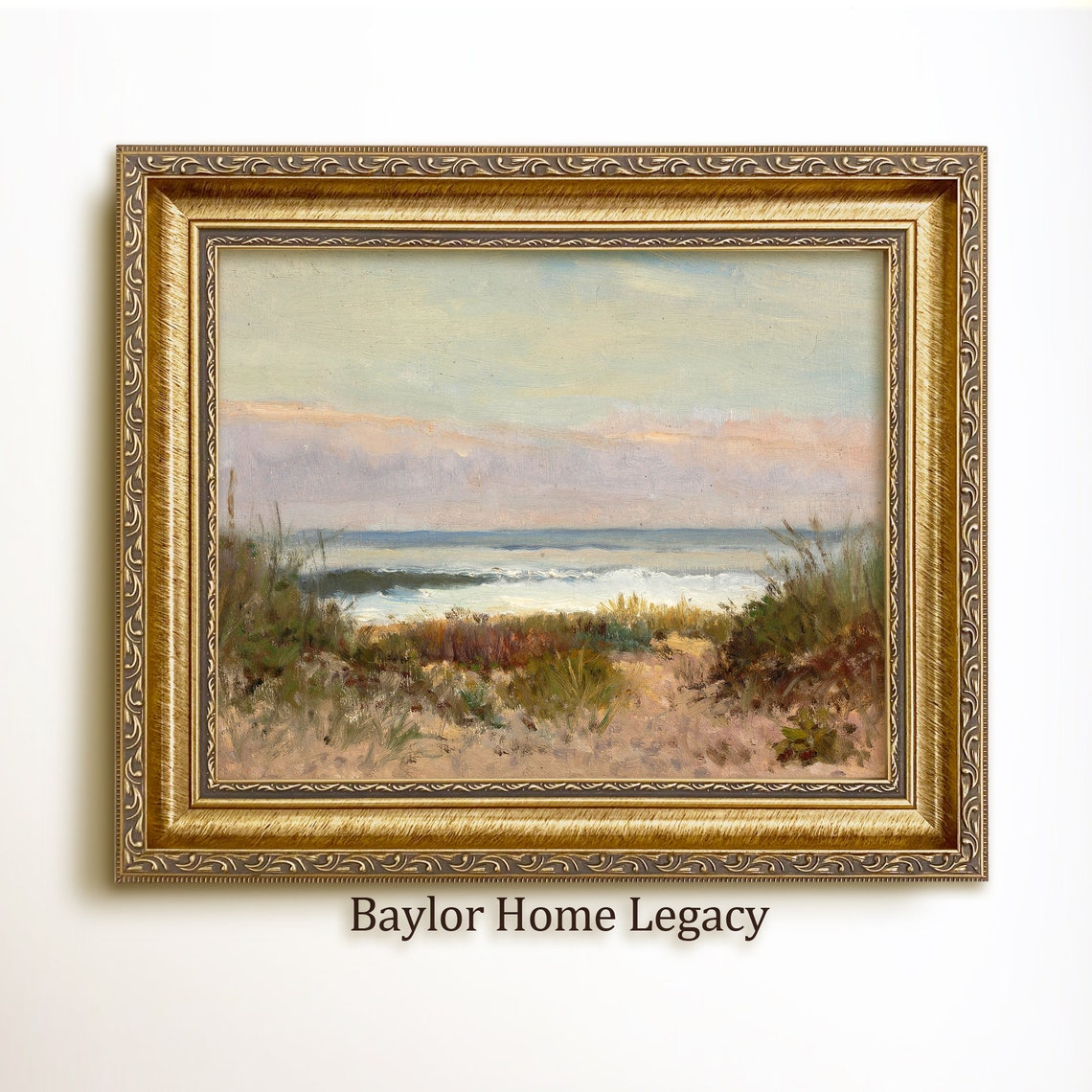 Framed Ocean Oil Painting Print On Ocean And Dunes Art Print Of Antique Painting In Wood Frame Seascape Fine Art Print