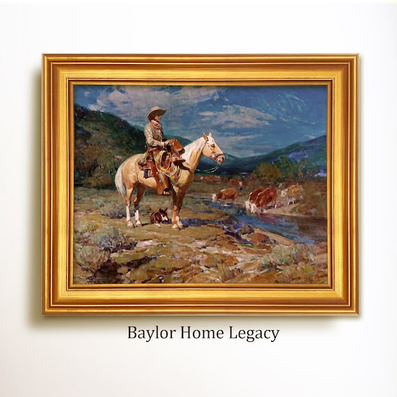 Vintage Cowboy Western Landscape Art Print, Rustic