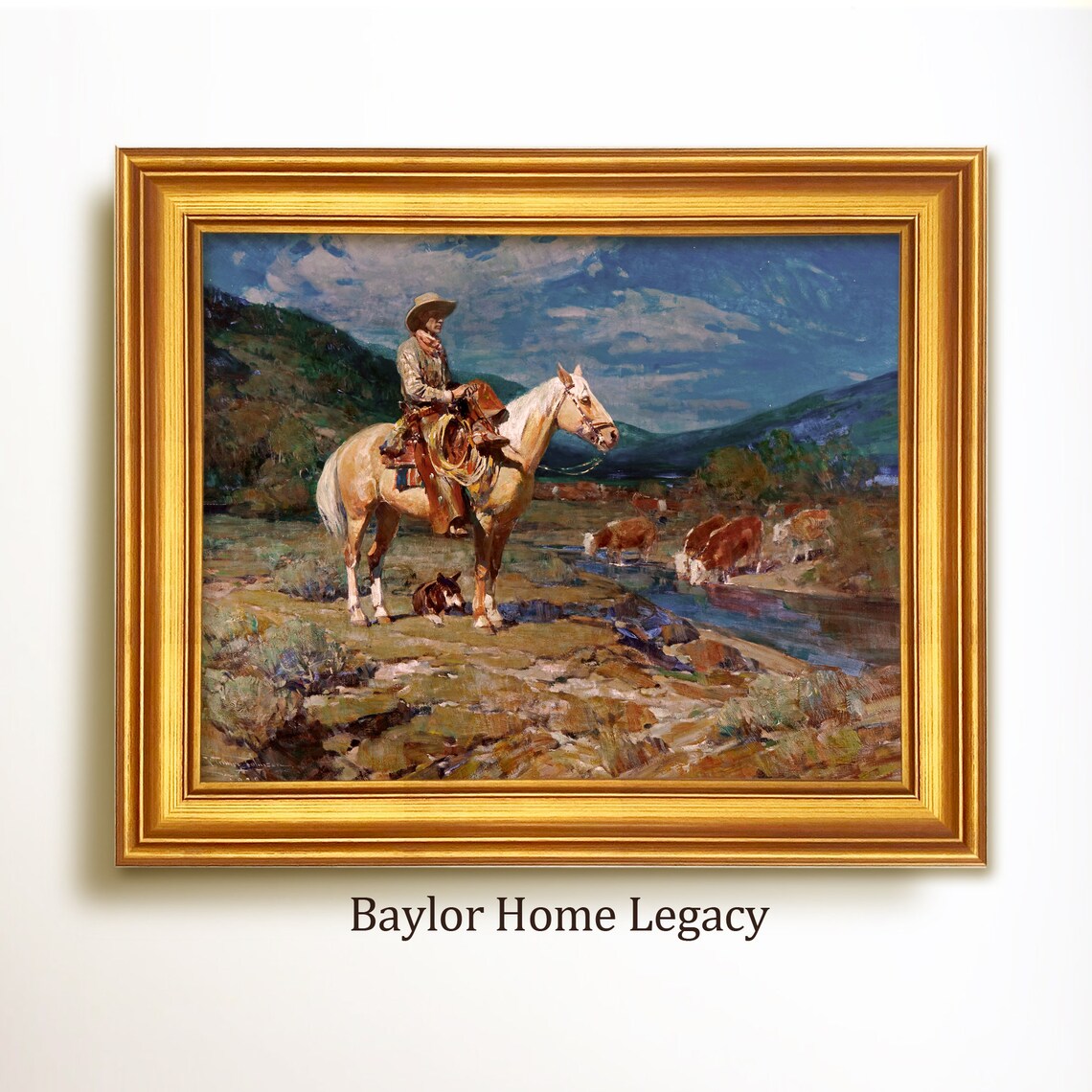 Vintage Cowboy Western Landscape Art Print, Rustic