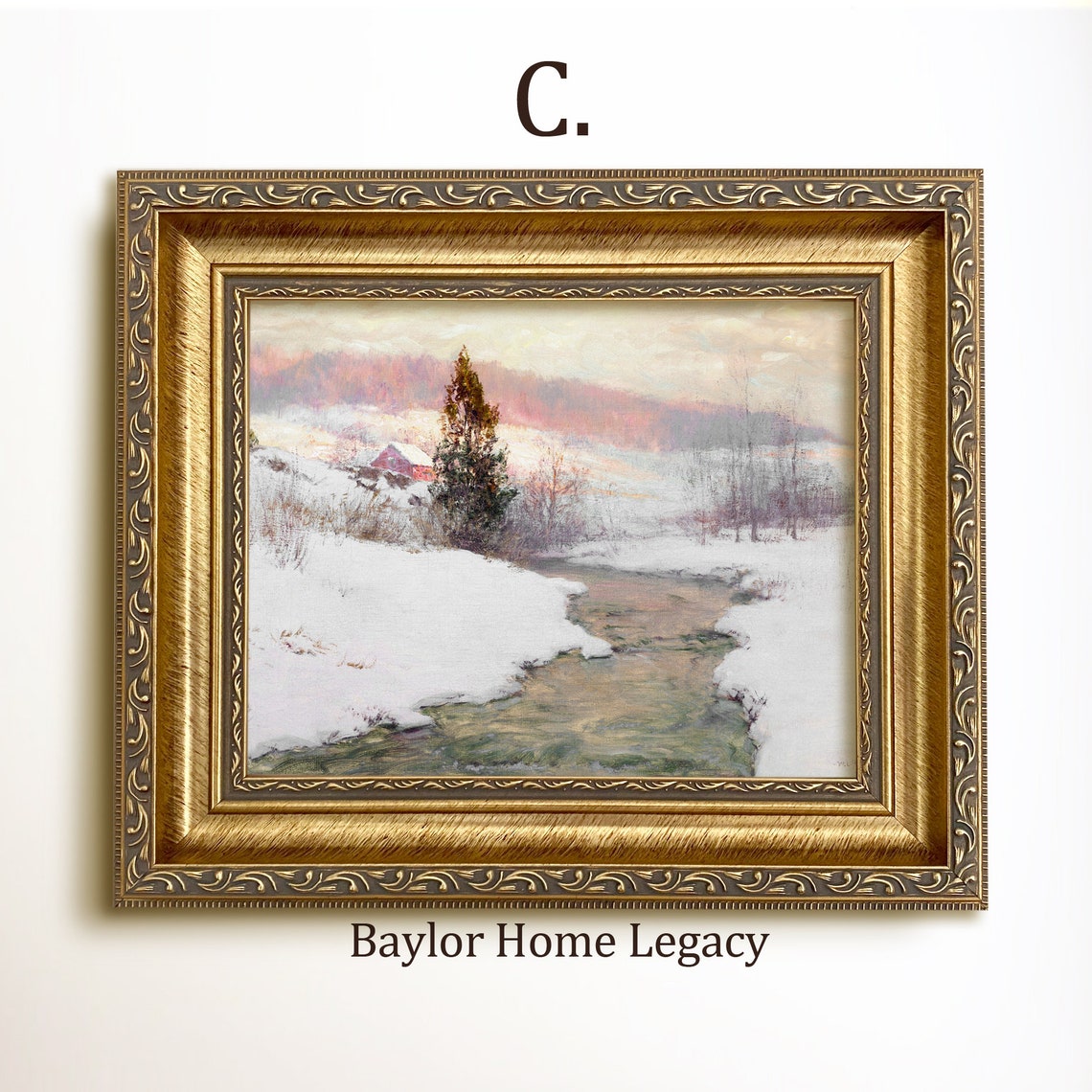Winter Country Scene Snowy Stream Red Barn Vintage Landscape Painting - Image 3