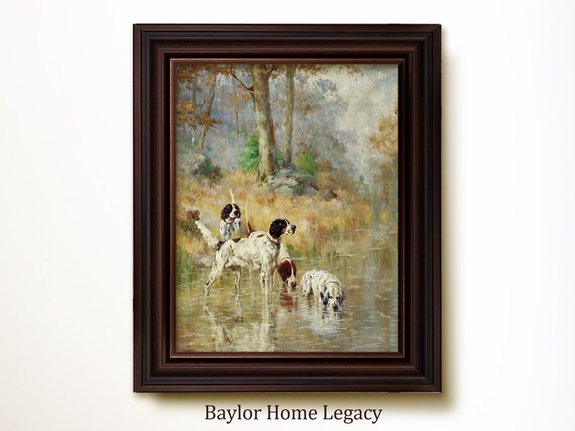 Three Setters Wading Stream Drinking Vintage Bird Dog Painting Print