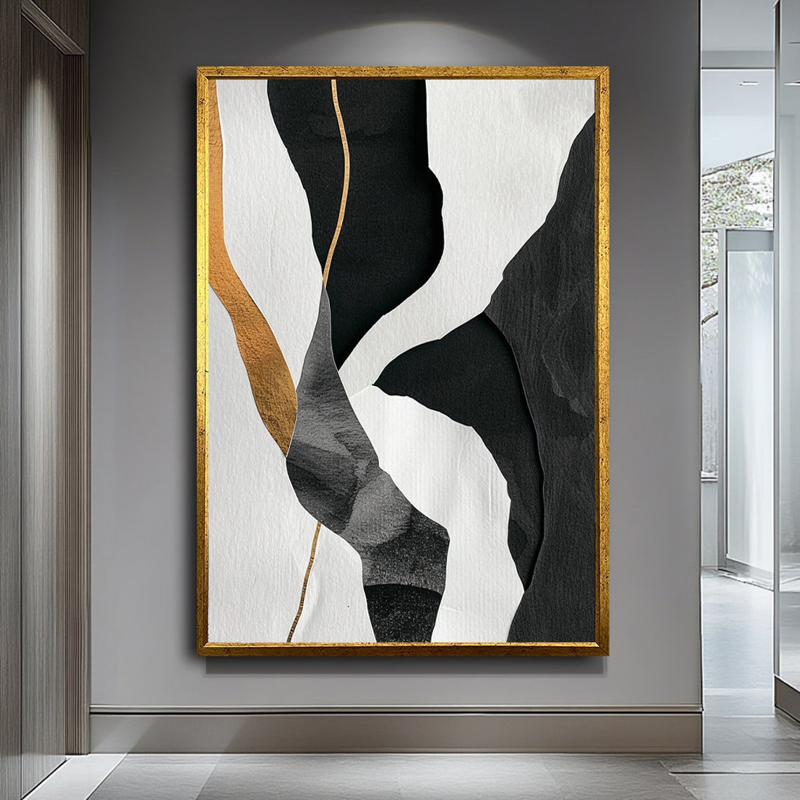 Black White Gold Ribbon Shapes Modern Abstract Wall Art Poster