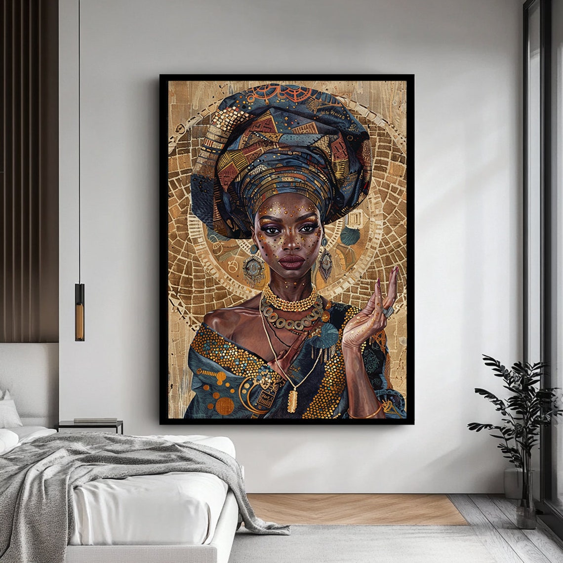 African Woman In Blue Patterned Headwrap With Gold Adornments Poster - Image 3